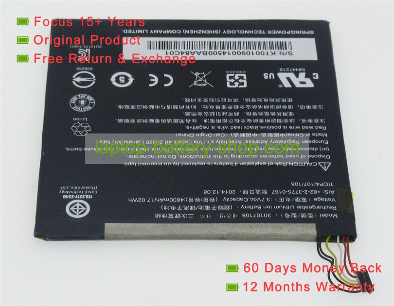 Acer 30107108 3.7V 4600mAh replacement batteries - Click Image to Close