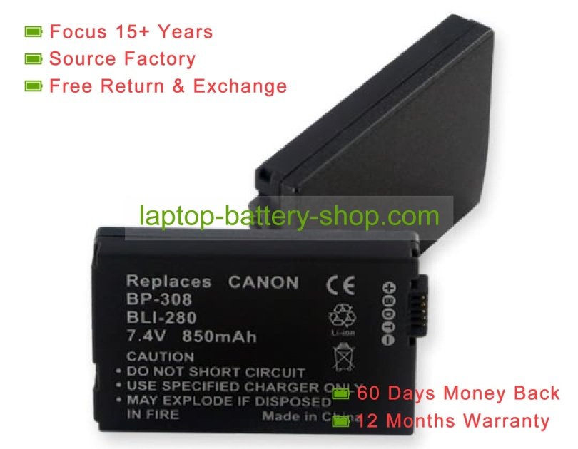 Canon BP-308, BP-308S 7.4V 850mAh replacement batteries - Click Image to Close