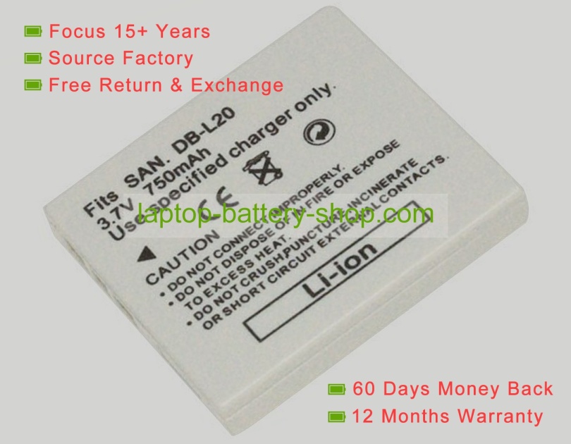 Sanyo DB-L20A, DB-L20AU 3.7V 750mAh replacement batteries - Click Image to Close