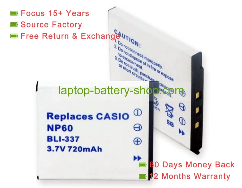 Casio NP-60, BC-60L 3.7V 750mAh replacement batteries - Click Image to Close