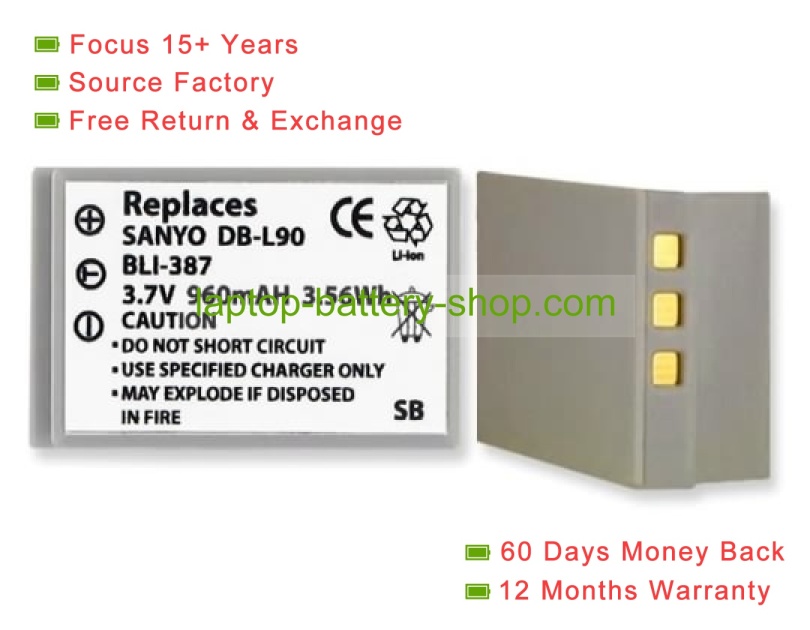 Sanyo DB-L90, DBL90AU 3.7V 960mAh replacement batteries - Click Image to Close