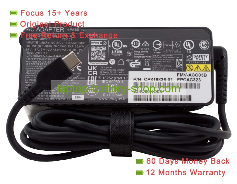 Fujitsu ADLX65YCC3F, A065RP38P 20V/15V9/5V 3.25A/3A/2A original adapters - Click Image to Close