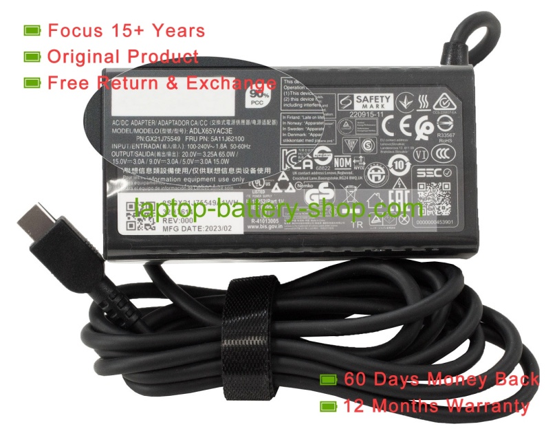 Lenovo ADLX65YAC3E, 5A11J62100 20V/15V9/5V 3.25A/3A original adapters - Click Image to Close