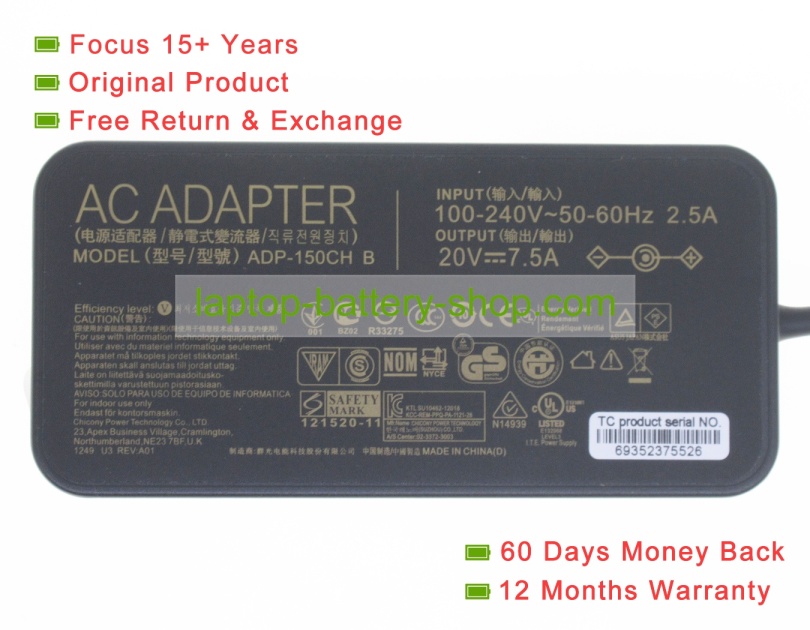 Asus ADP-150CH B, 0A001-0081400 20V 7.5A original adapters - Click Image to Close