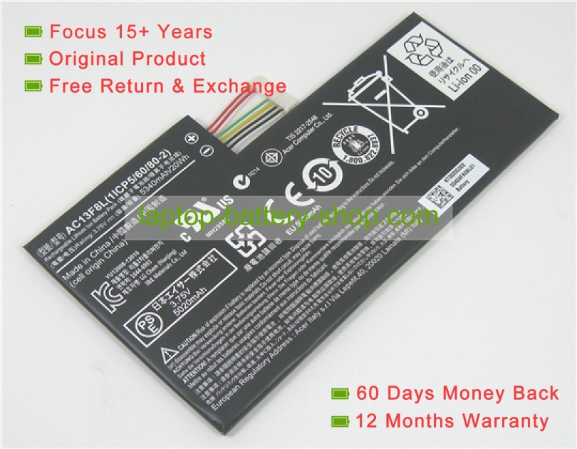 Acer AC13F8L, 1ICP5/60/80-2 3.7V 5340mAh replacement batteries - Click Image to Close