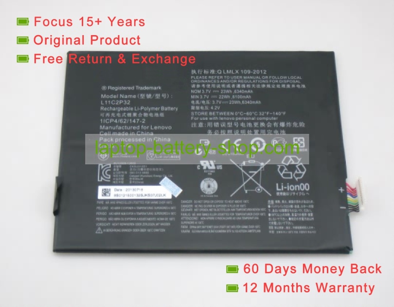 Lenovo L11C2P32, 1ICP3/62/147-2 3.7V 6340mAh replacement batteries - Click Image to Close