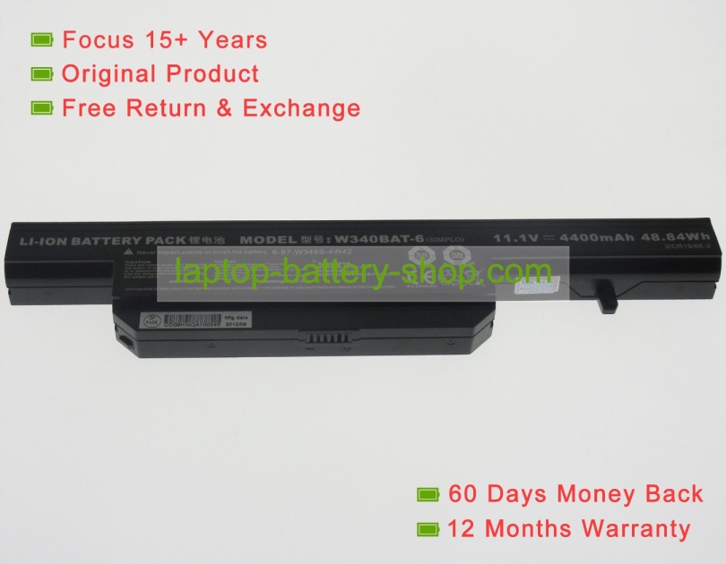 Clevo W340BAT-6, 6-87-W345S-4W42 11.1V 4400mAh replacement batteries - Click Image to Close