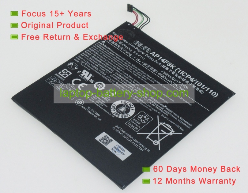 Acer AP14F8K, 1ICP4/101/110 3.8VV 4420mAh replacement batteries - Click Image to Close