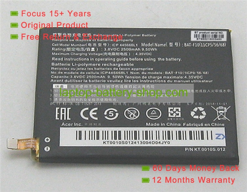 Acer KT.0010S.012, 11CP5/56/68 3.8V 2500mAh replacement batteries - Click Image to Close