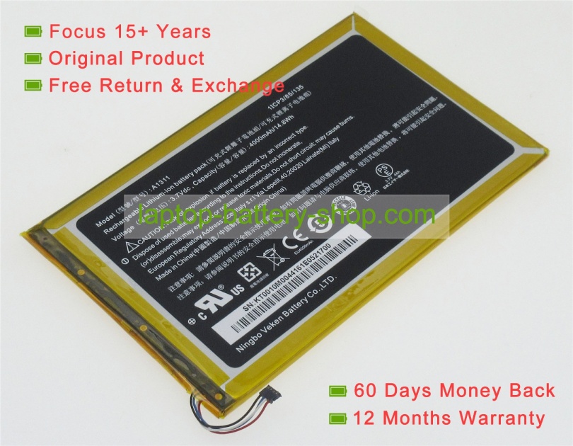 Acer A1311 3.7V 4000mAh replacement batteries - Click Image to Close