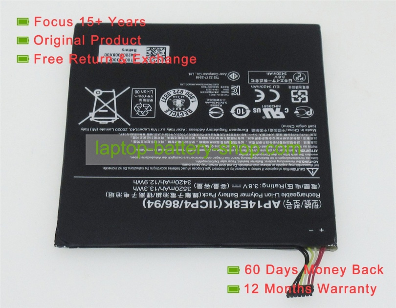 Acer KT.0010G.007, 1ICP4/86/94 3.8V 3520mAh replacement batteries - Click Image to Close