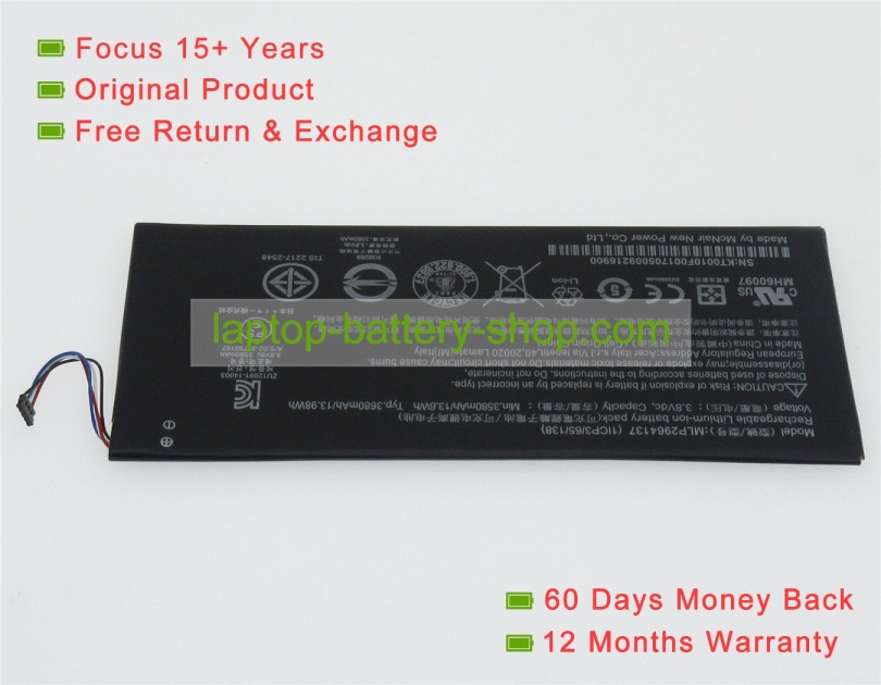 Acer MLP2964137, KT.0010F.001 3.8V 3680mAh replacement batteries - Click Image to Close