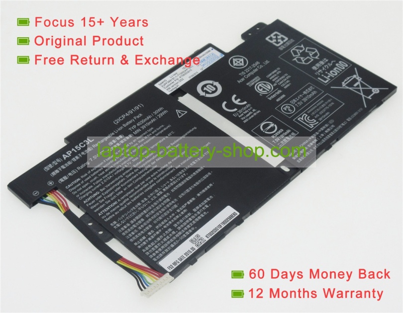 Acer KT00203010, AP15C3L 7.5V 4030mAh replacement batteries - Click Image to Close