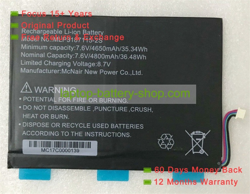 Other MLP3187115-2S 7.6V 4800mAh original batteries - Click Image to Close