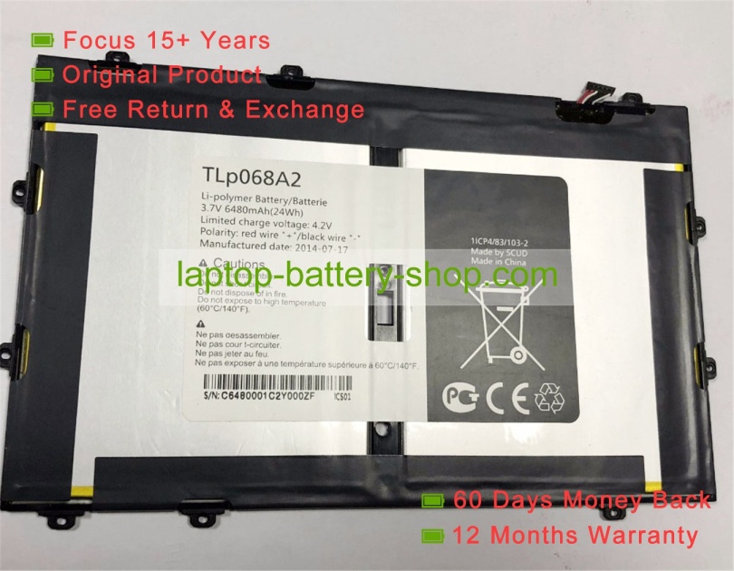 Alcatel TLp068A2 3.7V 6480mAh original batteries - Click Image to Close