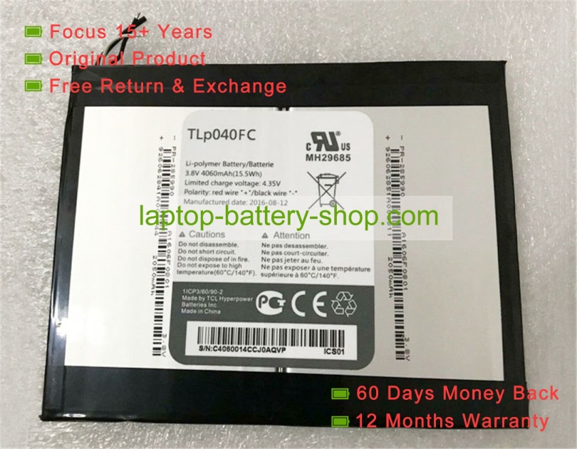 Alcatel TLp040FC 3.8V 4060mAh original batteries - Click Image to Close