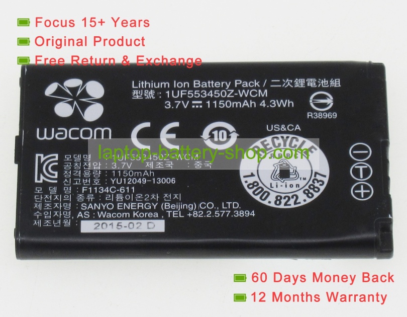 Wacom 1UF553450Z-WCM, B056P036-1004 3.7V 1150mAh original batteries - Click Image to Close