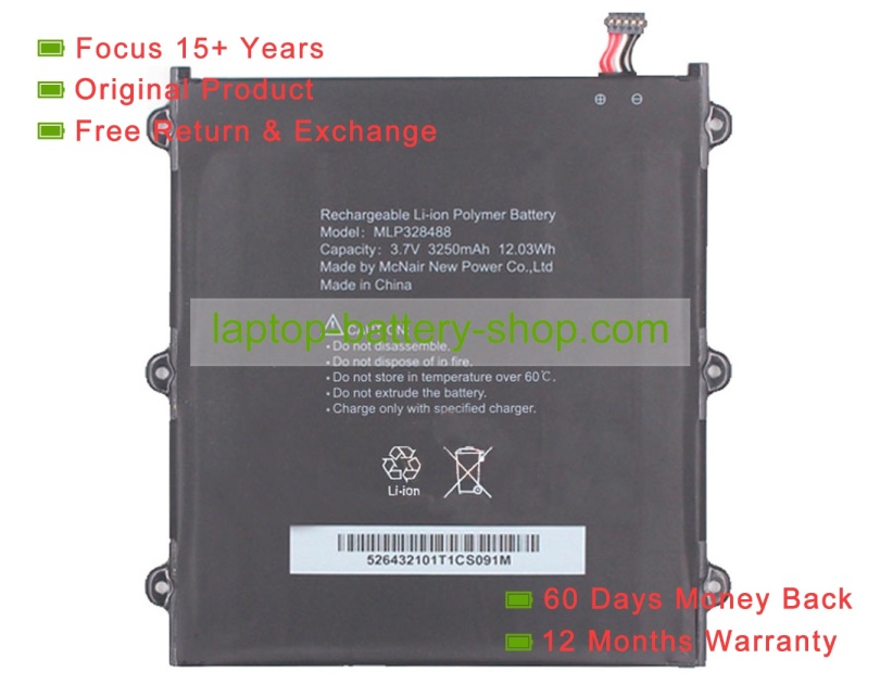 Mcnair MLP328488 3.7V 3250mAh original batteries - Click Image to Close