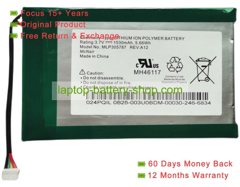 Mcnair A12, MLP305787 3.7V 1530mAh original batteries - Click Image to Close