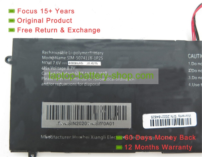Rtdpart 5074116-1P2S, SIM-5074116-1P2S 7.6V 4000mAh original batteries - Click Image to Close