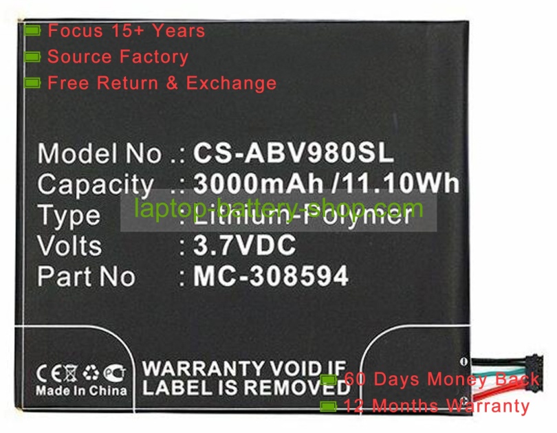 Amazon MC-308594, CS-ABV980SL 3.7V 3000mAh replacement batteries - Click Image to Close